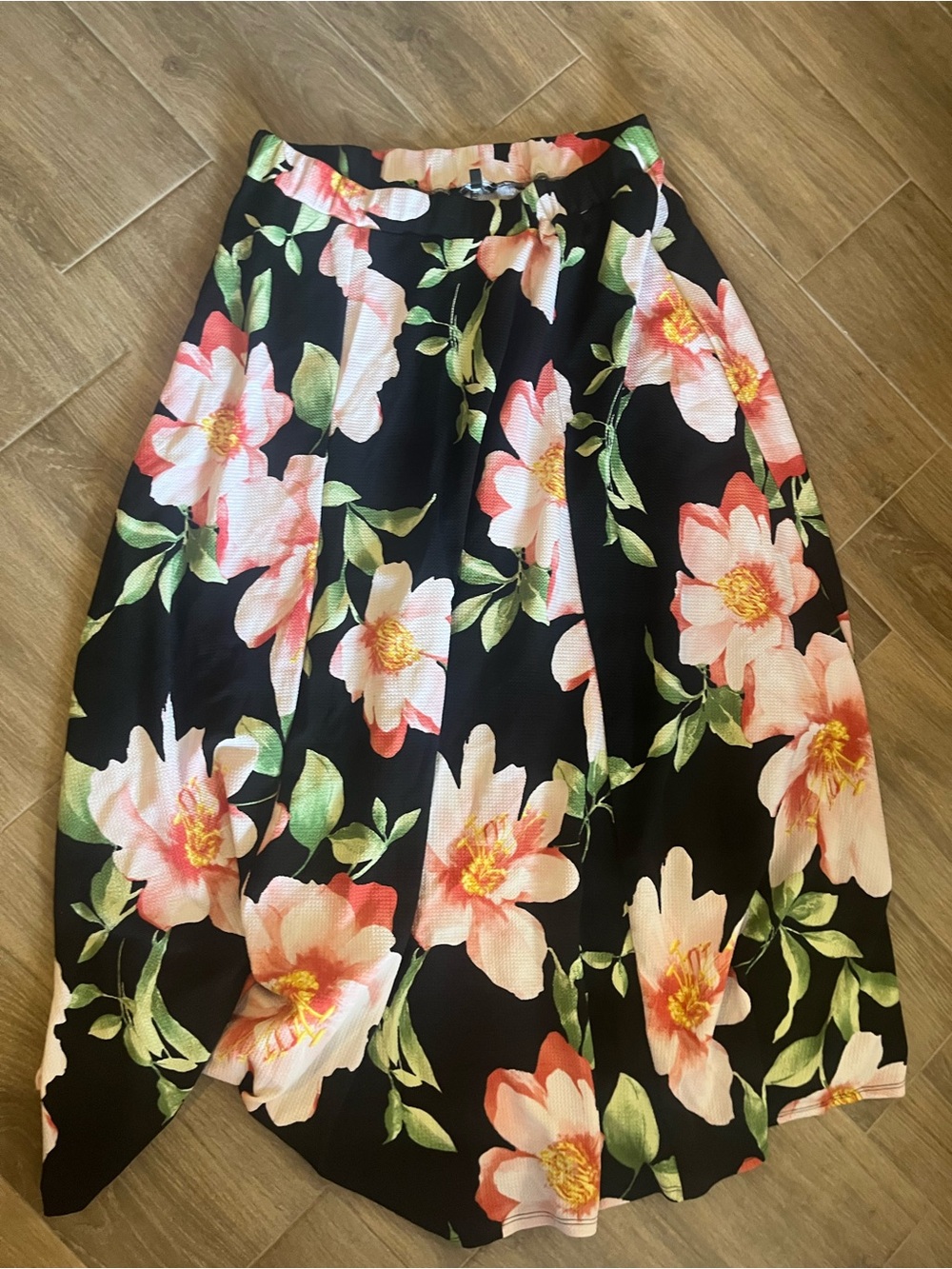 Women's Floral Midi Skirt - Black with Pink Flowers